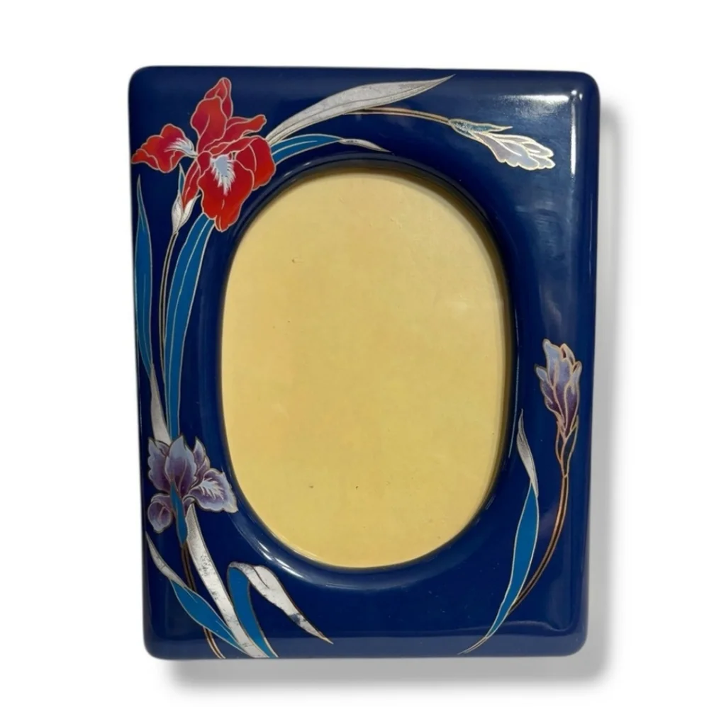 VINTAGE Japanese Porcelain Picture Frame Navy Blue & Irises VINTAGE